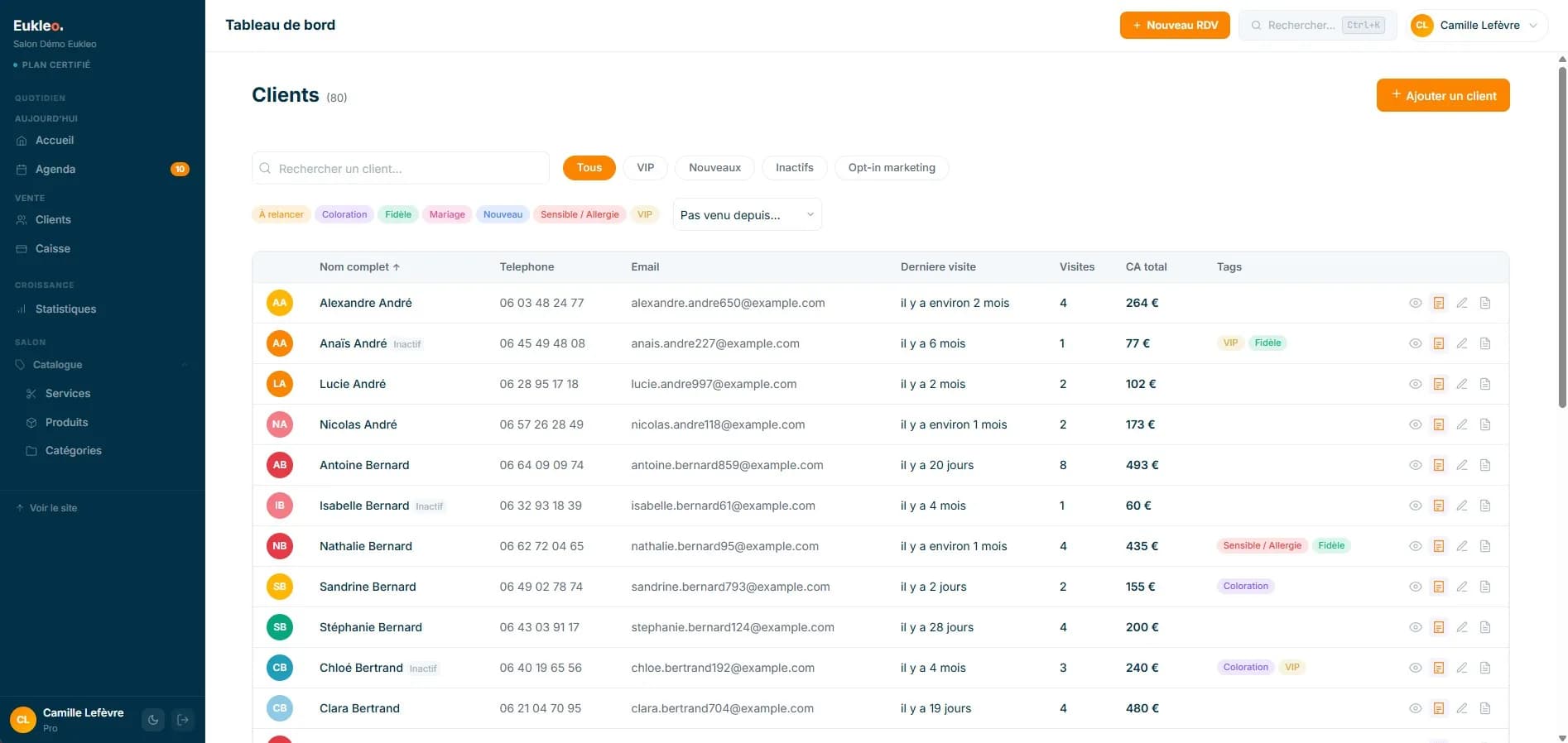 Aperçu du module CRM clients dans Eukleo