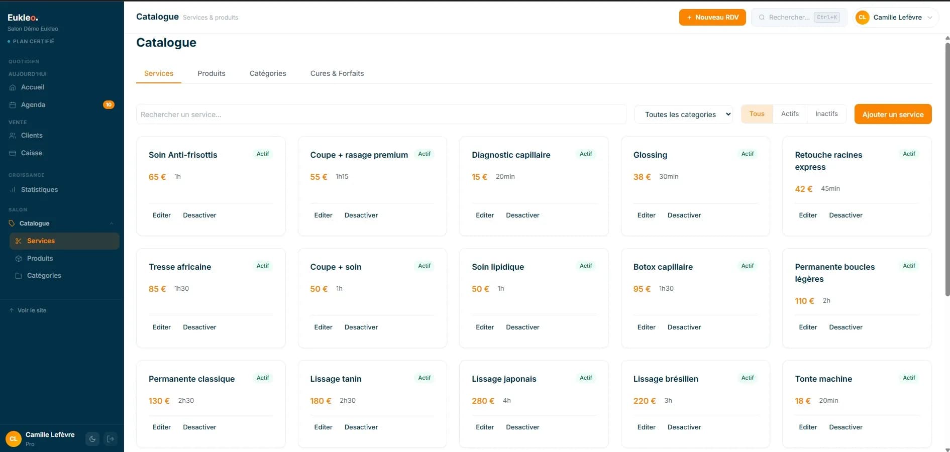 Aperçu du module Catalogue services dans Eukleo
